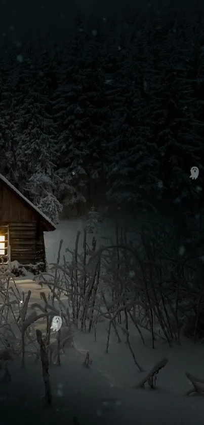 Snowy forest cabin illuminated at night.