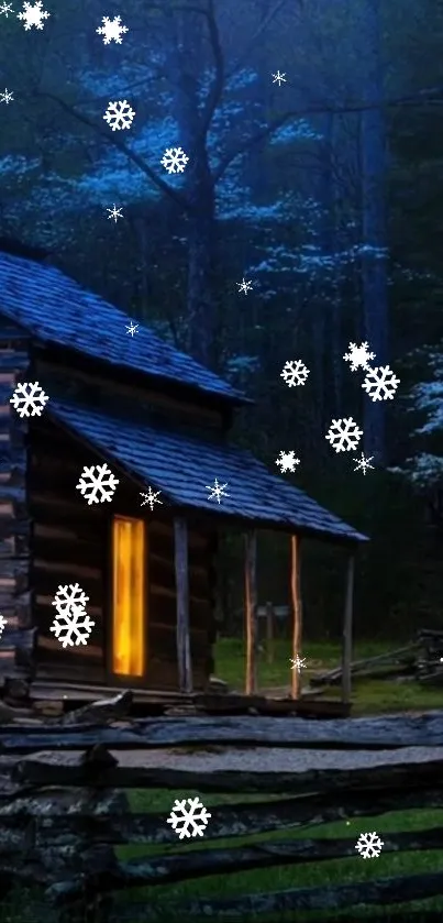 Cozy cabin with snowflakes on a winter night in the forest.