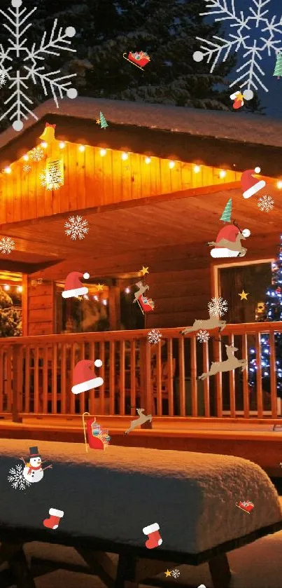 Cozy cabin adorned with holiday lights amid snowy winter landscape.
