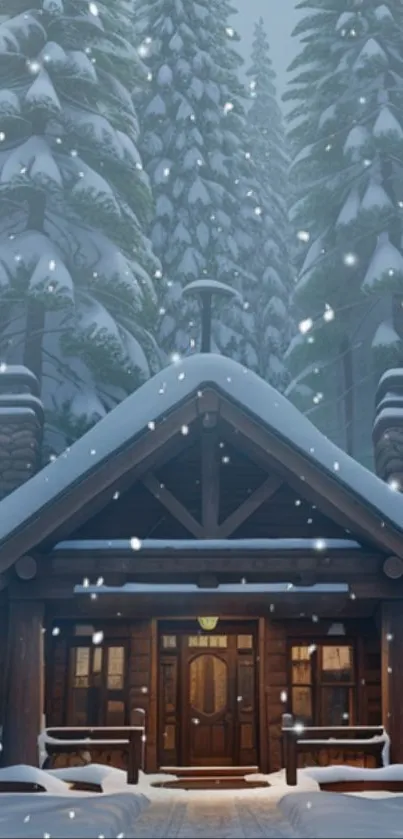 Cozy snow-covered cabin in a serene winter forest setting.