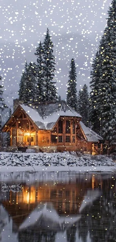 Cozy cabin nestled in snowy winter forest with lake reflection.