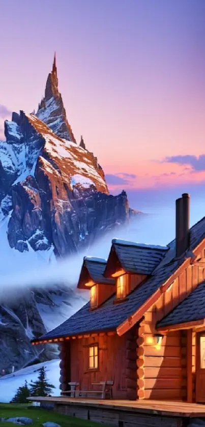 A cozy cabin at twilight with a towering mountain.