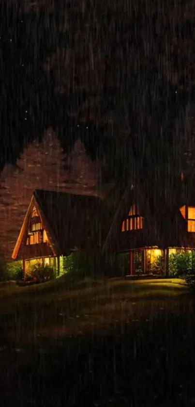 Cozy rustic cabin at night amidst a starlit forest, captured in tranquil ambiance.