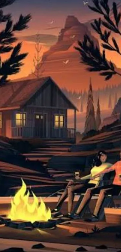 Illustration of a cabin with a campfire at dusk.