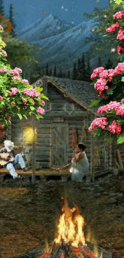 Cozy cabin night scene with roses and campfire.