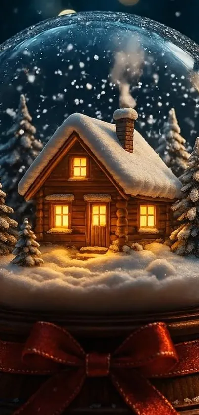 Cozy log cabin in a snow globe with snowy trees and red ribbon.