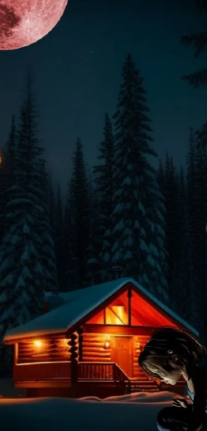 Log cabin in a snowy forest under a full moon at night.