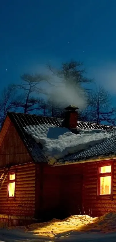 Warmly lit cabin under a moonlit night sky with snow-covered ground.