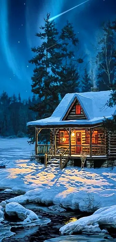 Cozy cabin during a snowy night under vivid northern lights.