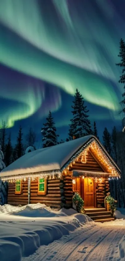 Cabin under Northern Lights with snow.