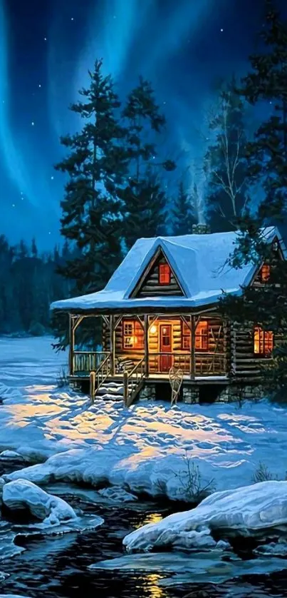 Cozy cabin surrounded by snow under northern lights.