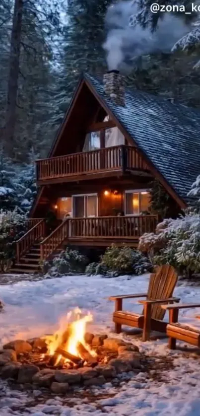Cozy winter cabin with fire pit in snowy forest landscape.