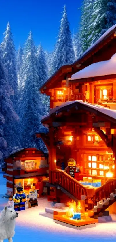 Winter cabin in snowy forest with wolf by the fire under a blue night sky.