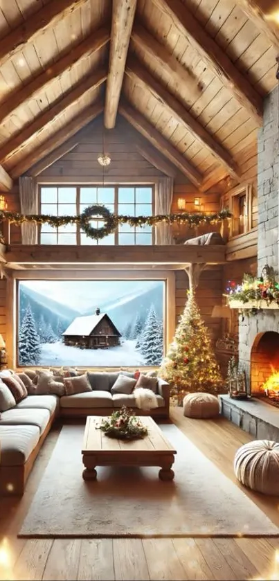 Cozy wooden cabin interior with fireplace and Christmas decor.