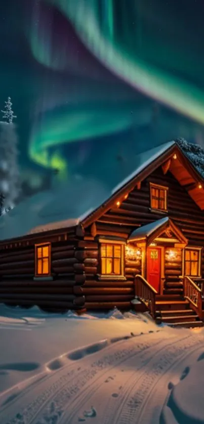 Cozy log cabin under Northern Lights in snow.