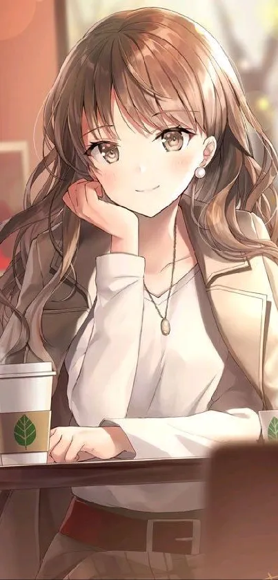 Anime character enjoying coffee in a cozy cafe setting.