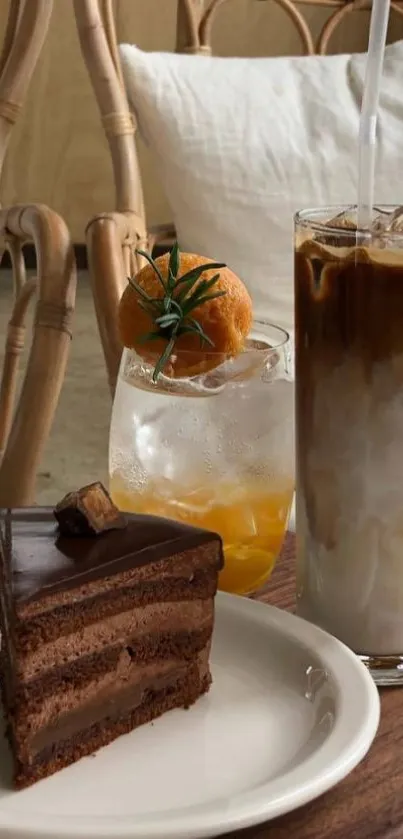 Delicious chocolate cake and iced coffee in a cozy cafe setting with wicker chairs.
