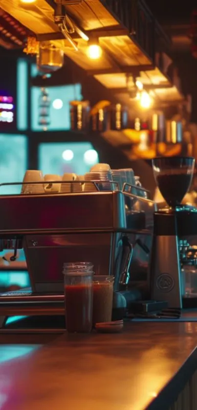 Cozy cafe scene with espresso machine and warm lighting.