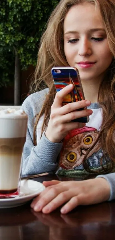 Relaxed young woman on phone at cafe.