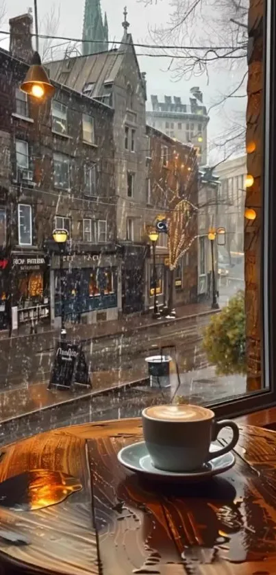 Cozy cafe corner with a rainy view.