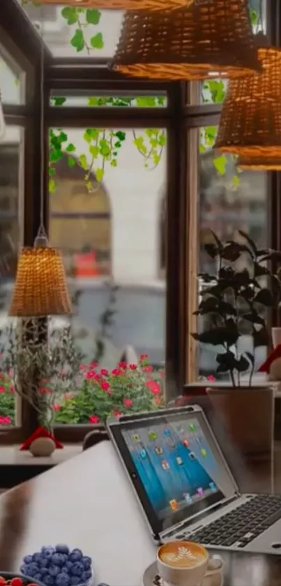 Cozy cafe with a tablet on wooden table, warm lighting, and green plants.