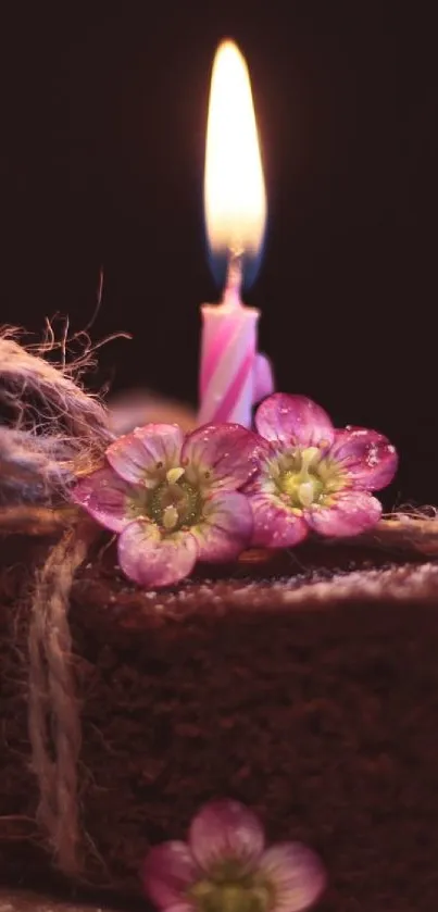 Chocolate cake with candle and pink flowers wallpaper.