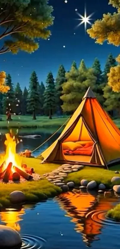 Cozy camp scene with tent, campfire, and starry night in a forest.