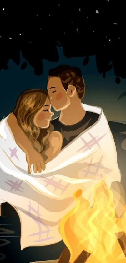 Illustrated couple by a campfire under the night sky.