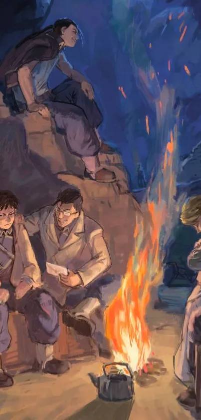 Illustration of friends by a campfire under a night sky.