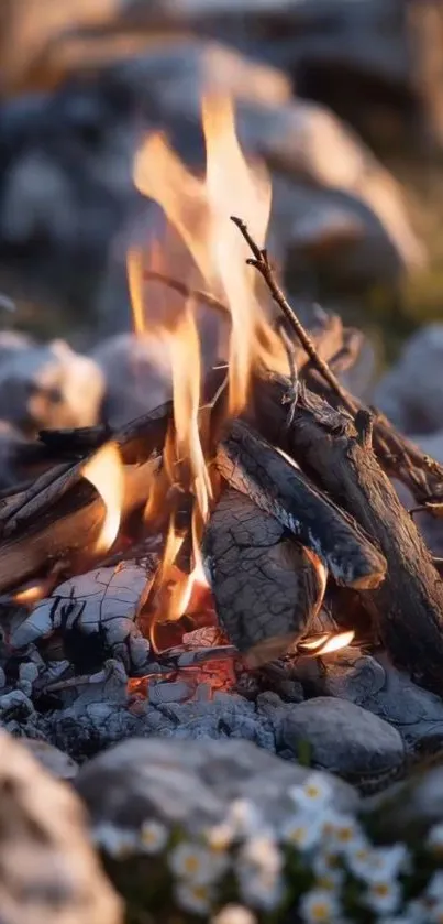 Cozy campfire with stones and flowers in a serene outdoor setting.