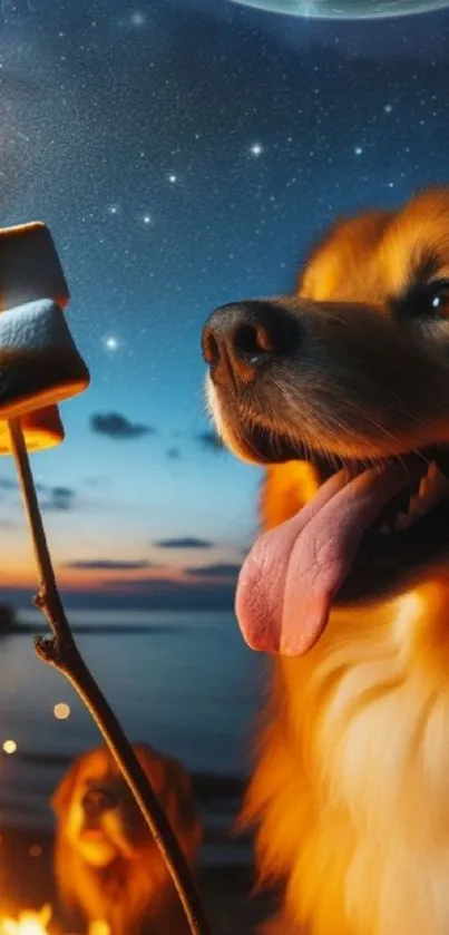 Dog by campfire under a starry sky wallpaper.