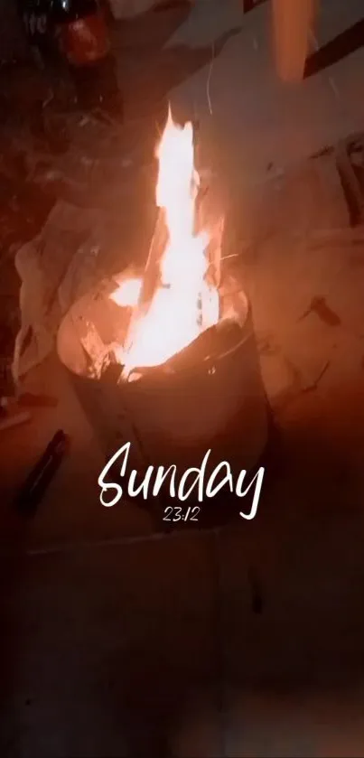 Cozy campfire with Sunday text, warm and serene.