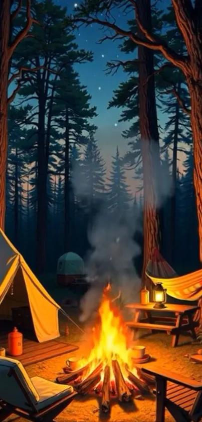 Campfire scene with tents under a starry night sky.