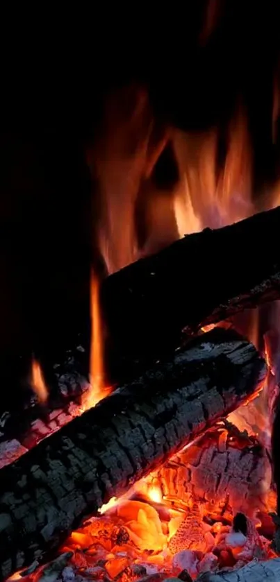 Cozy campfire with bright flames and charred logs on a dark background.