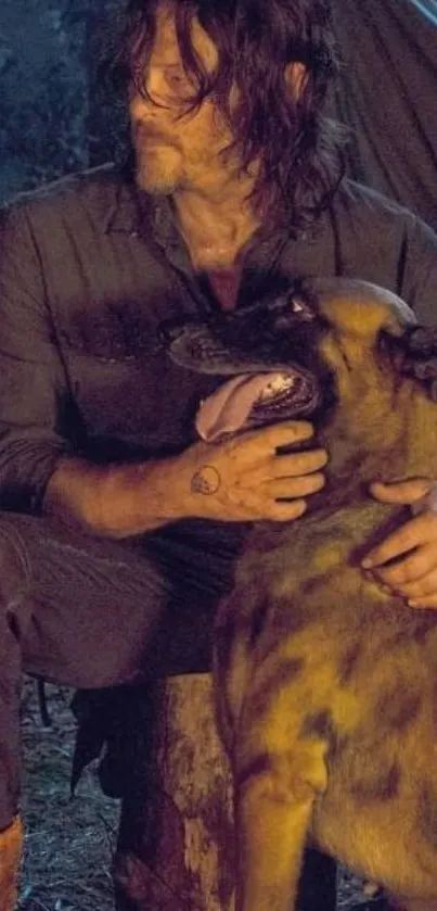 Man with dog by campfire during peaceful night.