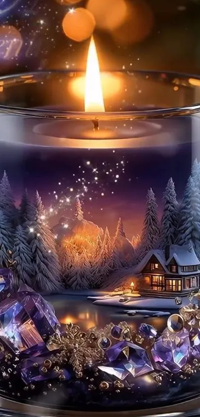 Candlelit cabin in snowy forest with glow.