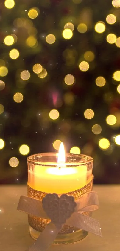 Candle with Christmas lights background creating a warm festive ambiance.