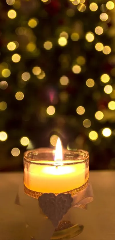 Candlelight with Christmas tree and bokeh effect in background.