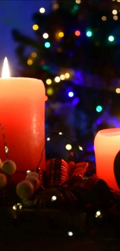 Red Christmas candles with festive lights in the background.