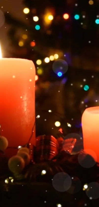 Red candles and festive bokeh lights create a cozy holiday atmosphere.