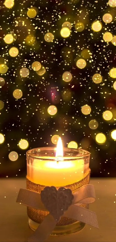 Warm candle with bokeh and Christmas tree in background.