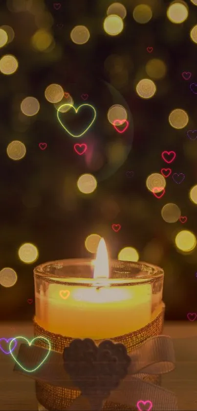 A lit candle with heart overlays and bokeh lights in the background.