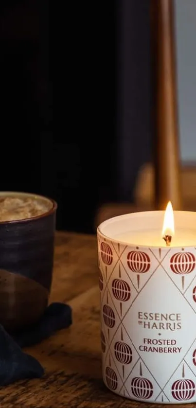 Warm candlelit setting with steaming cup on rustic table.