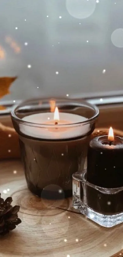 Cozy autumn scene with candles and maple leaf on wooden slice.