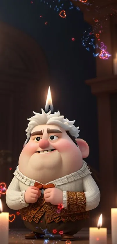 Cartoon character by candlelight in a warm, inviting scene.