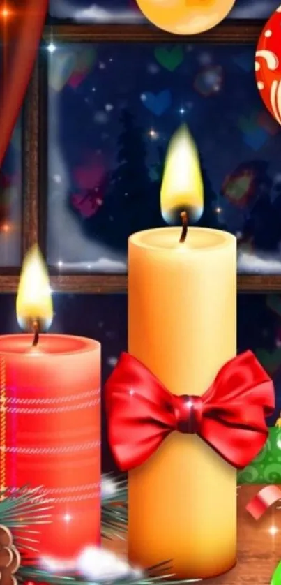 Christmas candle scene with decorations.