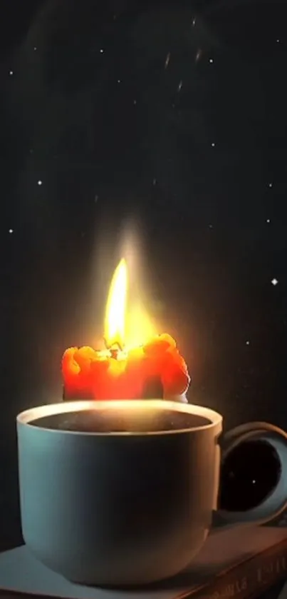 Cup with glowing candle under starry night sky.