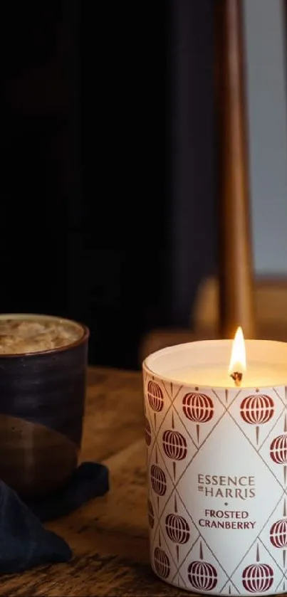 Cozy evening wallpaper with a candlelit scene on a wooden table.