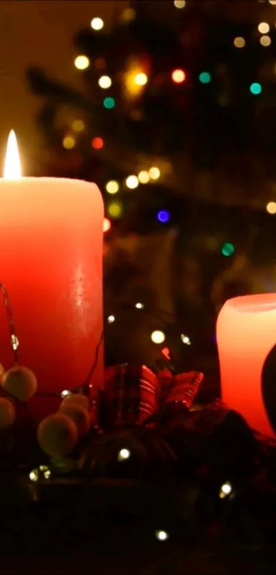 Festive red candles with a bokeh holiday backdrop.