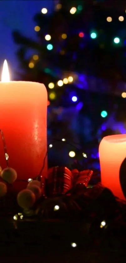 Red candles with holiday lights background.